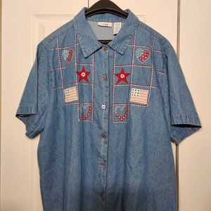 Ms. Lee Denim Embroidered Women`s Short-sleeves Button-down Shirt (XL)